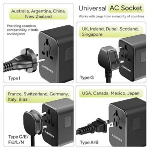 Ambrane Universal Travel Adapter Charger with 65W Laptop/MacBook Charging & Mobile Charging, Works Worldwide (EU,UK,USA,AUS,Others) AC Sockets, USB & Type C, International Adapter (ATA-02, Black)